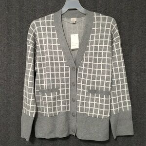 A New Day Women's XXL Cozy Knit Light Gray Windowpane Everyday Cardigan Sweater